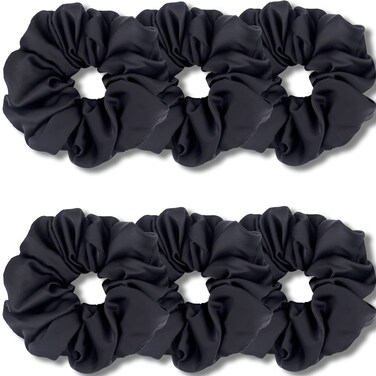 IVARYSS Big Scrunchies for Women Thick Hair, Premium Satin Softer than Silk, XL 6 Inch Extra Large Scrunchy Elastic Hair Bands Accessories, 6 Pack, Black