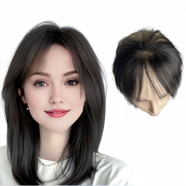 Anemone Clip In Baby Hair Bangs Forehead Hairline For Women Straight Natural Human Hair Middle Part Side Bangs Hairpieces Invisible Replacement Fringe Glueless Hair Extensions (Black, 13cm by 5cm)
