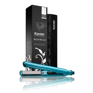 KARMIN G3 Salon Pro 1" Professional Tourmaline Ceramic Flat Iron Hair Straightener Ionic Hair Straightening Styling Iron, Straighten, Curl, Wave, Dual Voltage, Auto Shut Off, Carrying Case, Turquoise
