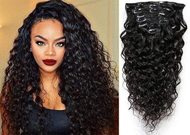 Clip in Natural Curly Brazilian Hair Extensions Wave Wave Clip In Hair Extensions for Black Women Full Head Wavy Hair Extension Clip Ins (18inch, 1 Water Wave)
