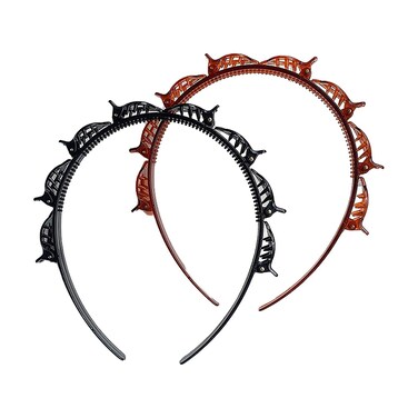 2Pcs Double Bangs Hairstyle Hairpin Headband With 8 Small Clip,Women Double Layer Twist Plait Hair Tools for Curly,Thick Hair,Toothed Hair Bands Braid Tool Hair Accessories,Black and Reddish brown