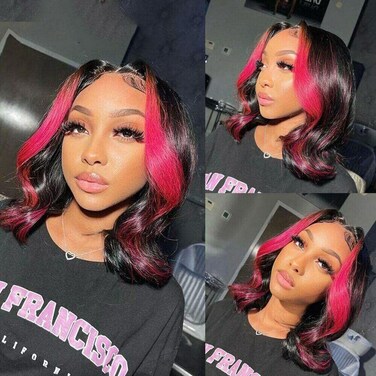 Hot Pink BOB Lace Front Wigs Human Hair Skunk Stripe 13X4 HD Transparent Lace Red BOB Wigs Blunt Cut Wavy Peekaboo Bob for Women Pre Plucked Bleached Knots 150% Density