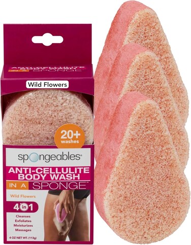 Spongeables Anti Cellulite Body Wash in a 20+ Wash Sponge, Wild Flower, 3 Count