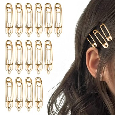 15 Pcs Hair Pins Hair Clips Alloy Safety Pin Shape Hairpin Barrettes Goth Hair Pins Set Hairdressing Tool Hair Accessories (Gold)