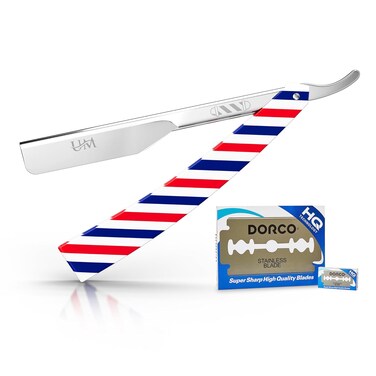 UM Supplies Straight Edge Razor with 10 Replaceable Double Edge Blades kit   Barber Razors for Shaving Stainless Steel   Navajas para Barbero Barber Pole   Red,White,Blue