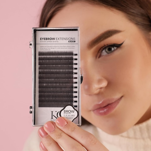 Lash Eyebrow Extensions Kit with 1 x Trays of Mink False Eyebrows in Black Comes on Mixed Length Trays 5-8 Mm Mix, Eyebrow Extension Glue Clear &amp; Extension Tweezers (Black, Pink Tweezer)