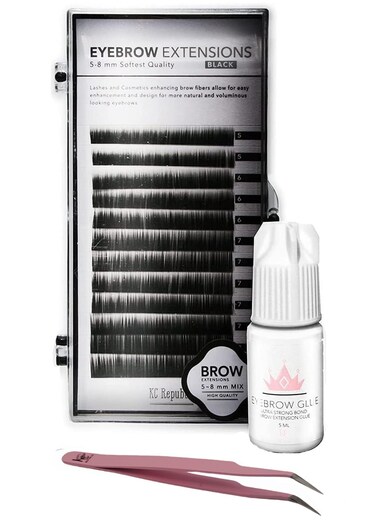 Lash Eyebrow Extensions Kit with 1 x Trays of Mink False Eyebrows in Black Comes on Mixed Length Trays 5-8 Mm Mix, Eyebrow Extension Glue Clear &amp; Extension Tweezers (Black, Pink Tweezer)