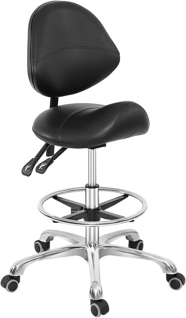 Grace &amp; Grace Professional Saddle Stool Chair with Back Support, Hydraulic Ergonomic Saddle Seat Stool with Wheels for Clinic Dentist Spa Massage Salons Studio (Black, with Foot Rest)