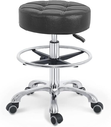 Grace &amp; Grace Height Adjustable Rolling Swivel Stool Chair with Wheels,Heavy Duty Work Stool for Salon,Massage, Factory, Shop(Black,with Foot Ring)