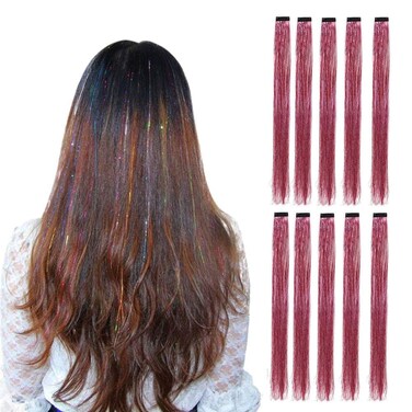 10Pcs/set Highlight Glitter Tinsel Hair Extensions Clip In - Colored Party Sparkling &amp; Shiny Hair Extensions - Multi-Colors Hair Streak Bling Hairpieces (Pink)