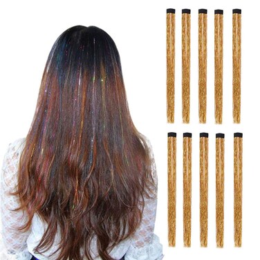 10Pcs/set Highlight Glitter Tinsel Hair Extensions Clip In - Colored Party Sparkling &amp; Shiny Hair Extensions - Multi-Colors Hair Streak Bling Hairpieces (Champaign Gold)