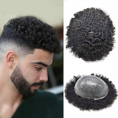 Afro Toupee For Black Men Real Human Hair Afro Mens Toupee Kinky Curly Hair Pieces Man Weave Hair Unit Black Men Hair Piece African American Men Toupee (1B# OFF BLACK-10mm wave)