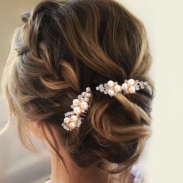 ALUINN Gold Bridal Hair Comb For Wedding Hair Accessories, Crystals Bridal Hair Comb Piece, Pearls Hair Piece for Brides, Women (Gold)