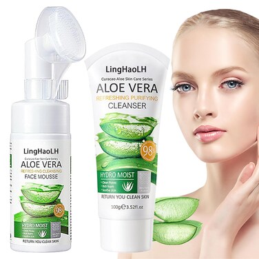 2PCS Aloe Vera Face Wash,Hydrating Gentle Facial Foam Cleanser with Brush,Deep Cleansing Long Lasting Oil Control Aloe Vera Face Foaming Cleanser for All Skin Types