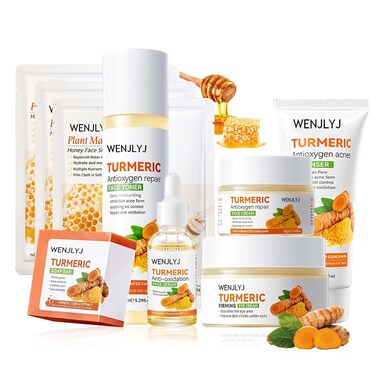 Turmeric Soap Skincare Set with Honey Face Sheets Mask,Hydrating Travel Size Turmeric Face Wash,Moisturizing Face Toner &amp; Face Serum &amp; Face Cream,Eye Cream Skin Care Gift Set for Women（9PCS)