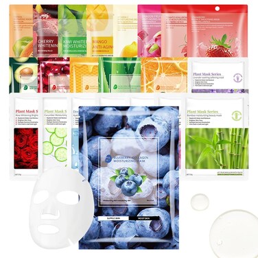22 Pack Sheet Face Mask Set,Moisturizing Long Lasting Facial Sheet Masks Combo,Hydrating Face Masks for All Skin Types