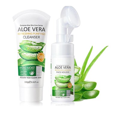 2 Pack Aloe Vera Facial Cleanser and Face Wash Set, Hydrating Facial Foam Cleanser with Brush, Deep Cleasing Daily Face Cleanser Long Lasting Oil Control Moisturizing Face Wash for Men and Women