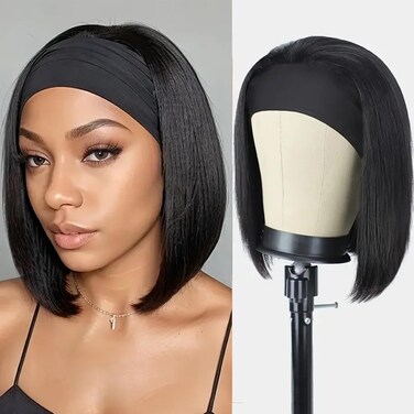 Bob Headband Wigs For Black Women Human Hair Glueless Wig Short Straight Bob Wigs Ready to Go Human Hair for Black Women Natural Color 12 Inch 180% Density（1B,12 Inch）