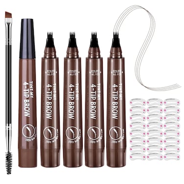 5PCS Microblading Eyebrow Pencils,Magical Precise Dark Brown Eyebrow Pencils for Women,Waterproof Eyebrow Pen,Smudge Proof 4 Fork Tip Eye Brow Pencils with Eyebrow Brush and 24 Pcs Eyebrow Stencils