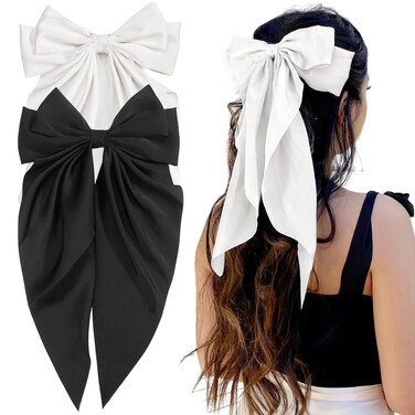 2Pcs Big Bow Hair Clips,Ribbon Hair Clips for Women and Girls,Satin Bow Clip,Oversized Bow,Hair Bow Clip,Barrette Clip,Hair Accessories Gifts,Beauty and Personal Care,Clips and Barrettes(Black+White)
