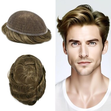 Lace Hair System Toupee For Men Real Human Hair Piece For Mens Hair Replacement Natural Hairline Men's Toupee 8X10#7 Very Light Brown 120% Density