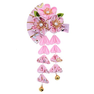 Japanese Style Women Flower Hair Clip Tassel Hair Ornament, Kimono Decor Fabric Hanfu Hairpin Accessories For Christmas Party Costume Gift (Pink)