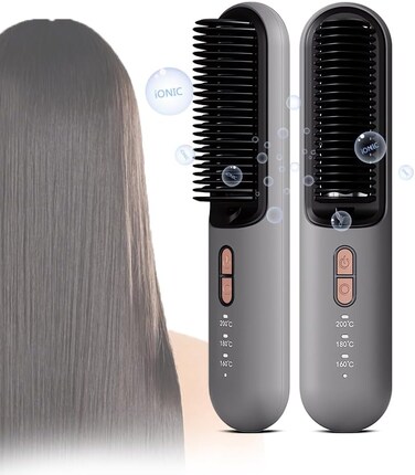 Cordless Hair Straightener Brush, Constant Temperature Mini Ionic Hot Comb Straightener for Women, Portable Straightening Brush for Travel, 3 Adjustable Temperature Levels