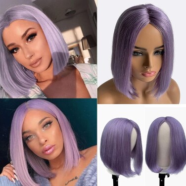 10 Inch Human Hair Wigs Purple Short Bob Wigs None Lace Front Wig for Black Women Machine Made Wigs Full Ends 150% Density Full Head Glueless Soft Silky Straight Hair Bob Wig