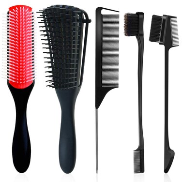 9-Row Cushion Nylon Bristle Shampoo Brush for Detangling Curly Hair, Double-Sided Rattail Comb for Parting Braids