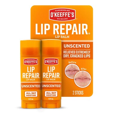 O'Keeffe's Unscented Lip Repair Lip Balm for Dry, Cracked Lips, Stick, Twin Pack