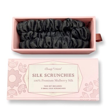 Silk Scrunchies   Premium Handcrafted 25 Momme Mulberry Silk Hair Bands   Elastics Ties Ponytail Holders and Hair Accessories (Small Scrunchies (3), Midnight)