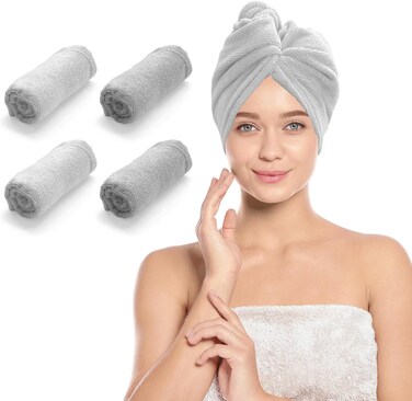 4 Pack Microfiber Hair Wrap Towels, Drying Turbans for Wet Hair, Dry Towel for Women Anti Frizz, Dark Grey/Light Grey