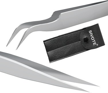 Sivote Eyelash Tweezers, 2-Pack, Hand Calibrated Straight and Curved Tips, Stainless Steel Lash Tweezers for Eyelash Extensions, Matte Silver