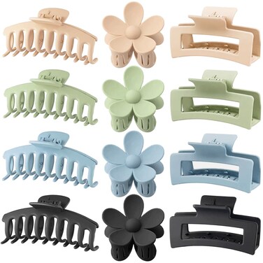 Large Hair Claw Clips 12 Pack 4.3 Inch Rectangle Hair Clips Flower Hair Clips for Women Thick Hair, Big Hair Clips Matte Hair Clips Hair Claws Banana Clips Strong Hold jaw clips, 3 Styles 4 Colors