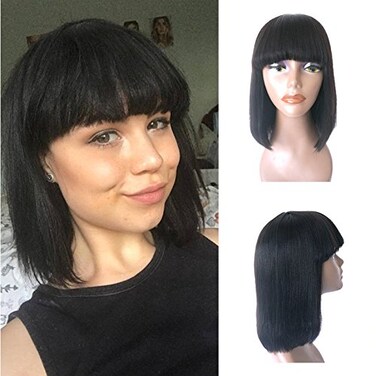 Enoya Human Hair Bob Wigs with Bangs Brazilian Yaki Machine Made Glueless Short Wigs (12" Color#1b)