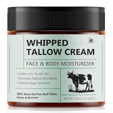 Whipped Beef Tallow for Skin, 100% Grass-Fed Pure Beef Tallow Cream for Soften Dry, Rough Skin, Deep Moisturizing for Face &amp; Body, Natural Skin Barrier, Face &amp; Body Cream 120g