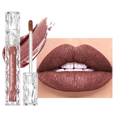 Diamond Matte Nude Lip Gloss, Glitter Metallic Liquid Lipstick Glitter Shimmer Lip Glaze, Shimmery Finish, High Pigment Long Lasting Lip Gloss Tint Christmas Party Makeup (#02)