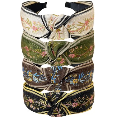 Jseng 4PC Handmade Vintage Braid Headband Embroidery Cloth Cross Knot Elastic Hair Hoop Sweet Wide Hairband for Women Girls