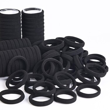 50PCS Black Hair Ties for Women, Cotton Seamless Hair Bands, Elastic Ponytail Holders, No Damage for Thick Hair, 2 Inch in Diameter Hair Elastics and Ties