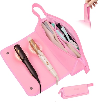 Hair Tools Travel Bag and Heat Resistant Mat, 2 in 1 Portable Organizer Hair Travel Case for Curling Iron, Hair Straightener, Flat Irons, PU Hangable Handle, Neoprene (Sweet Pink)