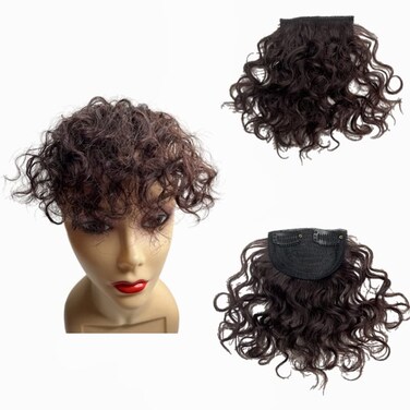 100% Human Hair Bangs Afro Curly Fringe Hair Bangs Fluffy Kinky Curly Human Hairpieces for Black Women Clip in on Hair Extensions (Chocolate Brown)