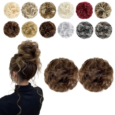 2 PCS Messy Bun Hair Piece Wavy Curly Hair Bun Scrunchies Extensions Synthetic Chignon Thick Updo Hairpieces for Women Girls(Light Chestnut Brown)