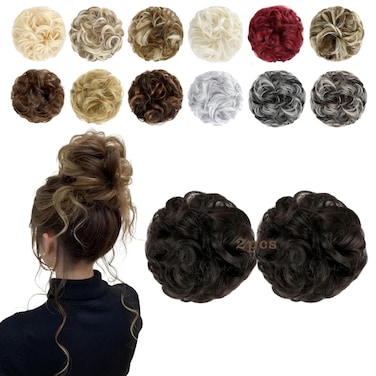 2 PCS Messy Bun Hair Piece Wavy Curly Hair Bun Scrunchies Extensions Synthetic Chignon Thick Updo Hairpieces for Women Girls(Dark Brown)