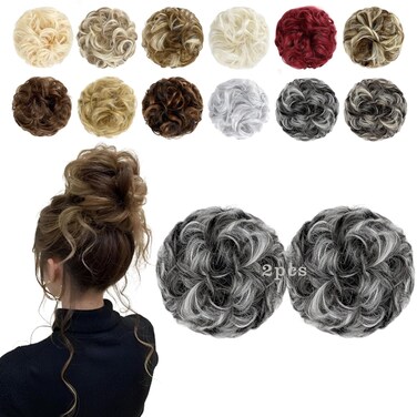2 PCS Messy Bun Hair Piece Wavy Curly Scrunchies Synthetic Chignon Ponytail Hair Extensions Thick Updo Hairpieces for Women Girls(Natural Black Mix Silver Grey)
