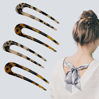 4 Pack U Shaped Hair Pins for Buns, French Pin Hair Fork Sticks for Long Hair, 2 Prong Hair Stick for Women and Girls(Light&amp;Dark Brown)