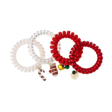 MADISON TYLER Christmas Spiral Hair Ties for Women   Elastic Hair Ties with Jingle Bells Snowflake Colorful Christmas Glove Candy Cane Charm   Holidy Gift 4PCS