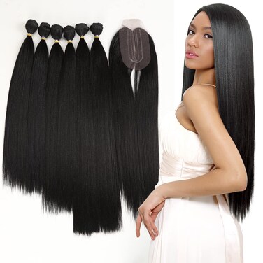 D&Eacute;BUT Synthetic Hair 6 Bundles with Simple Closure Yaki Straight Weave Heat Resistant Kinky Straight 7pcs High Temperature Fiber 16 18 20 Inch 250g for Full Head 1B Black