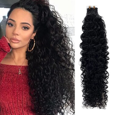 Tape Extensions Human Hair Curly Tape In Hair Extensions Real Human Hair For Black Women 3C 4C Afro Hair Extension Tape 10A Brazilian Real Remy Double Sided Seamless Tape Ins Natural Black 14 Inches