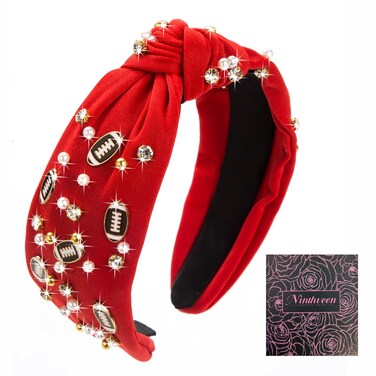stesdy Women's Fashion Football Headband Black Red Orange Blue Pearl Rhinestone Jeweled Knotted for Girl's Fashion Cute Wide Headband for Mother's Day,Christmas,Birthday Gift