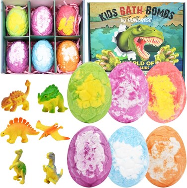6 Pieces Dinosaur Egg Bath Bombs Set for Kids, 100g Each, Large Dino Egg Shower Bath Balls Fizzies with Mini Dinosaur Toys Inside for Easter Day, Christmas, or Birthday Gifts for Boys Girls